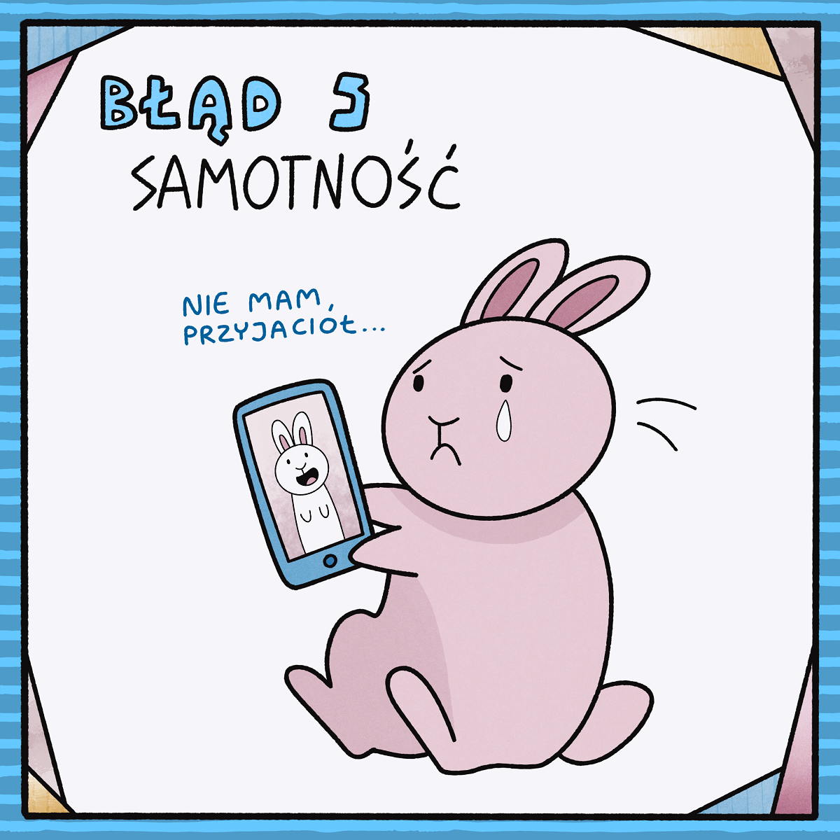 smutny królik z telefonem w łapie