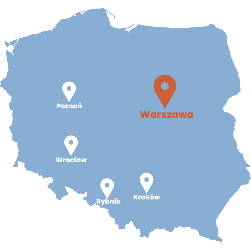mapa polski z zaznaczonymi miastami: warszawa, poznań, wrocław, rybnik i kraków